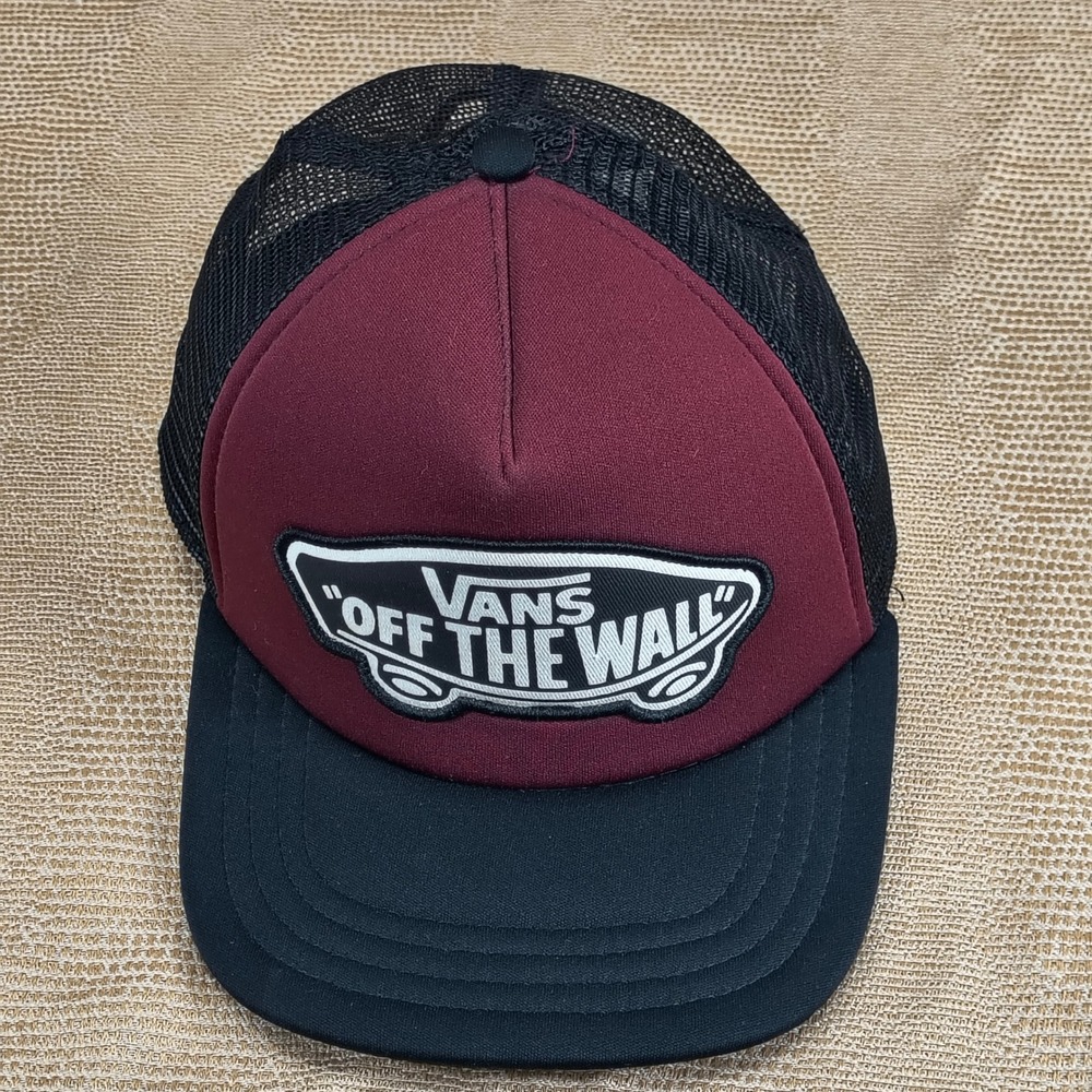 Vans Off The Wall Trucker Hat Mens Burgundy Black Mesh Snapback Skater Cap - Picture 3 of 10